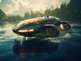 Futuristic glassy hydrofoil boat skimming a calm lake with a forested backdrop and mountains in the distance.