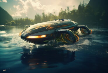 Futuristic glassy hydrofoil boat skimming a calm lake with a forested backdrop and mountains in the distance.
