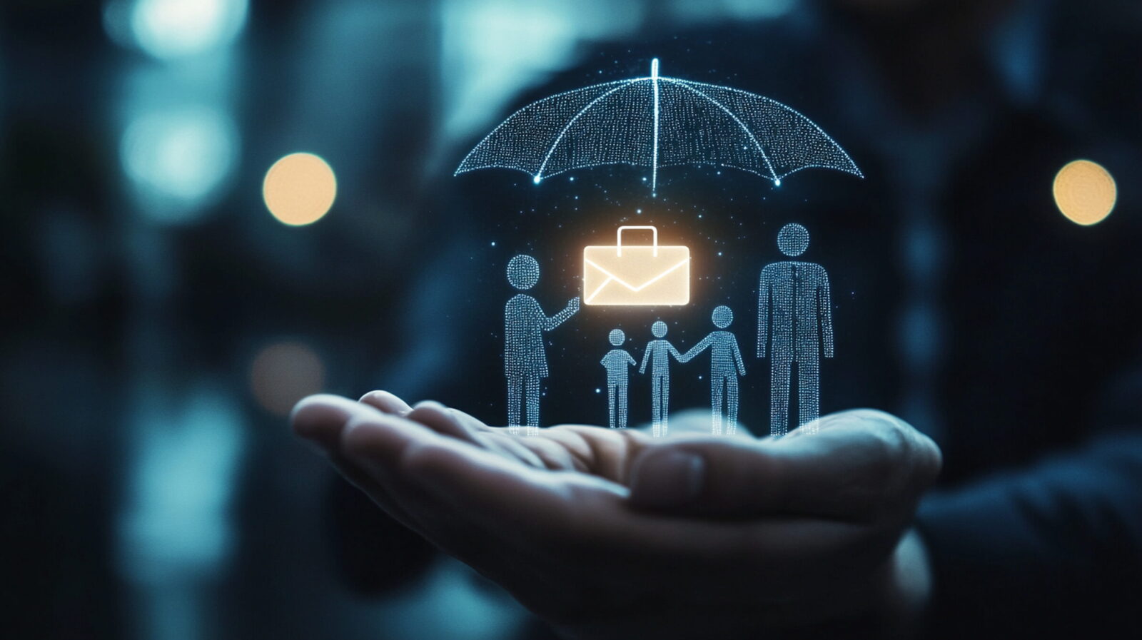 Hands cradle a glowing holographic family under an umbrella, symbolizing protection and insurance.