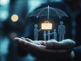 Hands cradle a glowing holographic family under an umbrella, symbolizing protection and insurance.