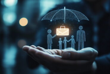 Hands cradle a glowing holographic family under an umbrella, symbolizing protection and insurance.