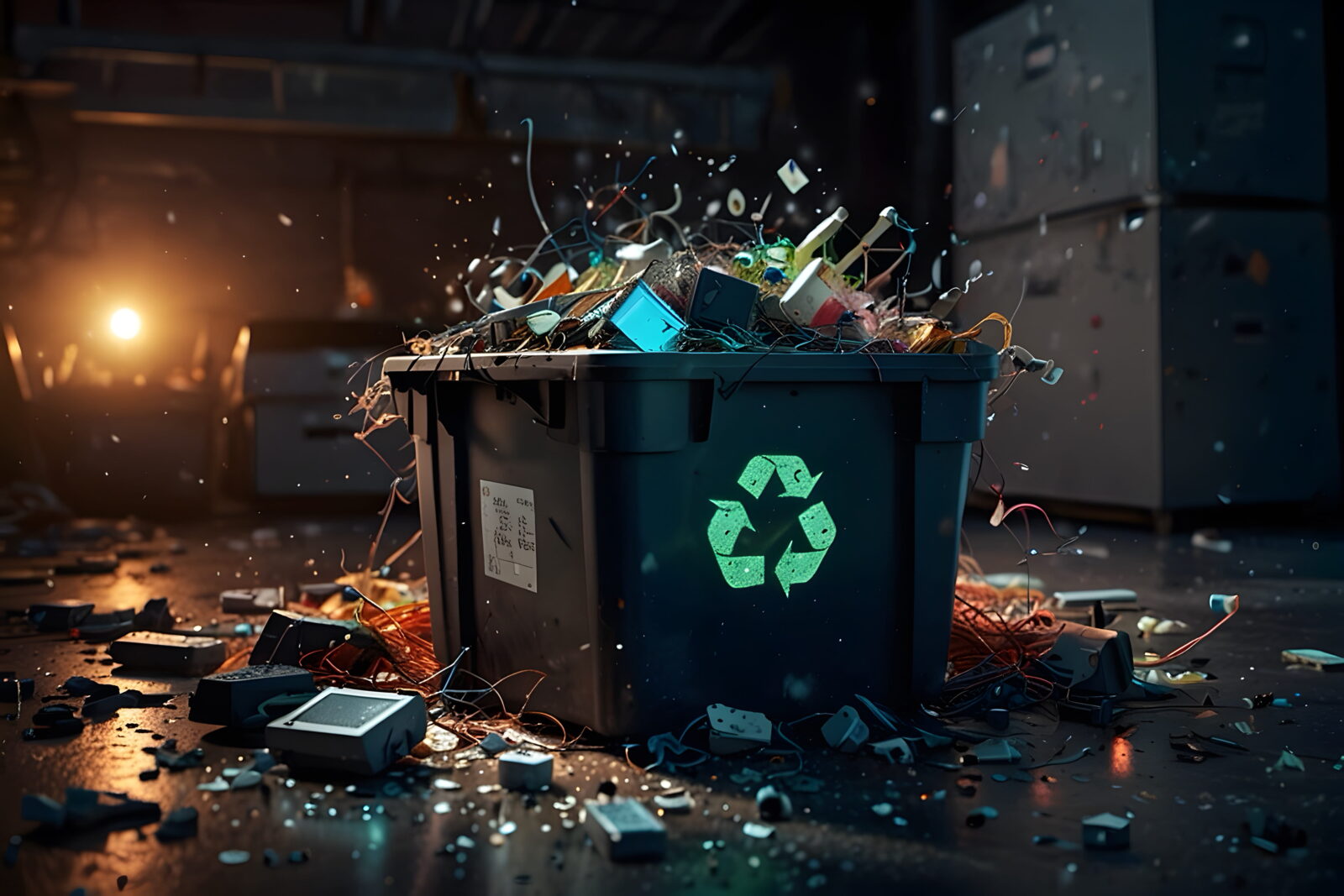 Overflowing recycling bin in a dim industrial space, with plastic bits, cables and debris spilling onto the floor.
