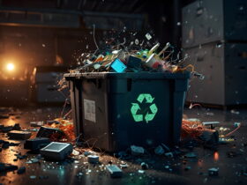 Overflowing recycling bin in a dim industrial space, with plastic bits, cables and debris spilling onto the floor.