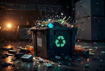 Overflowing recycling bin in a dim industrial space, with plastic bits, cables and debris spilling onto the floor.