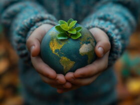 Hands gently cradle a small globe with a green sprout growing from the top, symbolizing growth and care for the planet.
