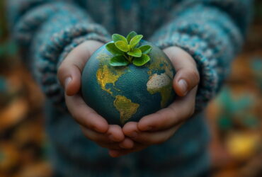 Hands gently cradle a small globe with a green sprout growing from the top, symbolizing growth and care for the planet.