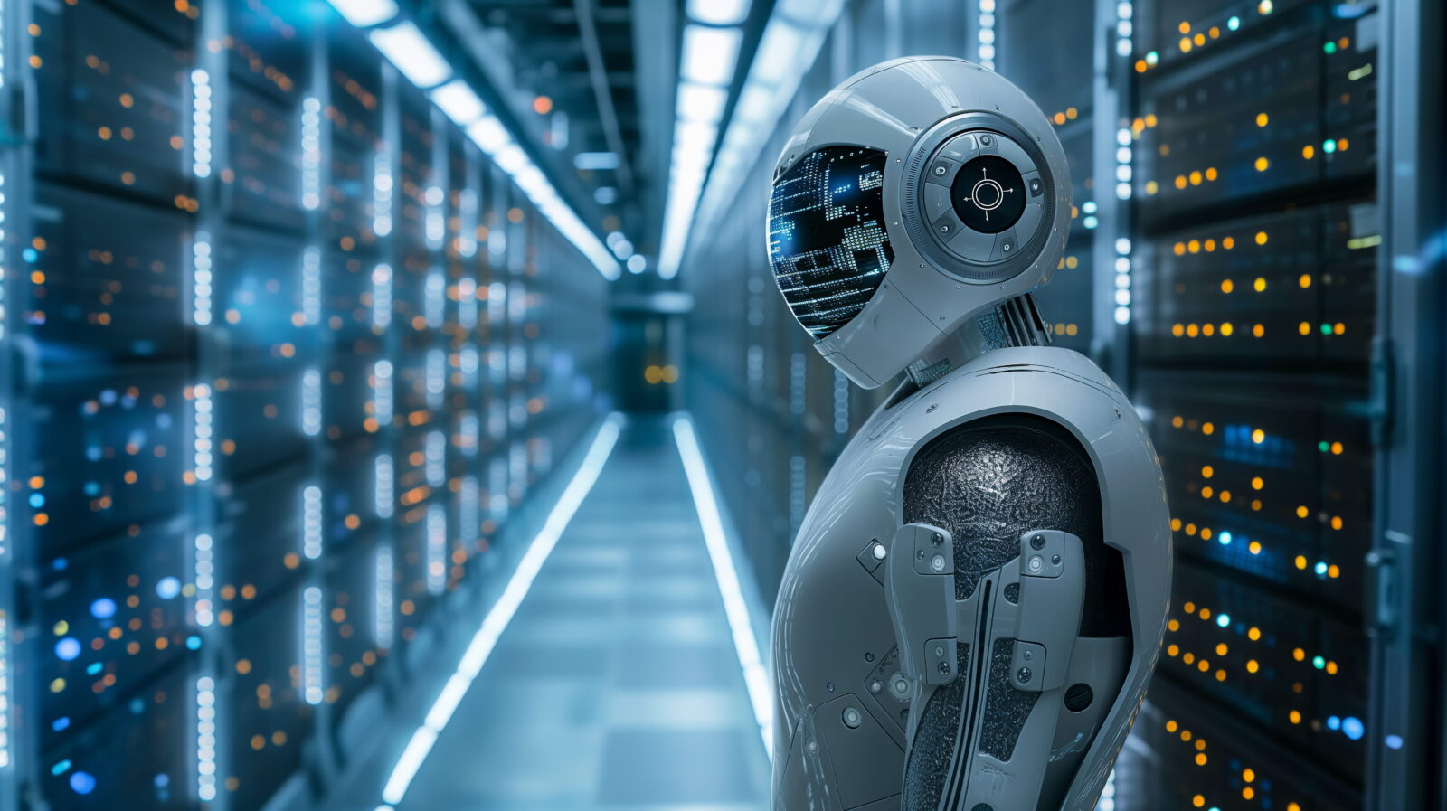 Humanoid robot in a blue-lit server room, surrounded by racks of servers and glowing indicator lights.
