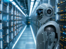 Humanoid robot in a blue-lit server room, surrounded by racks of servers and glowing indicator lights.