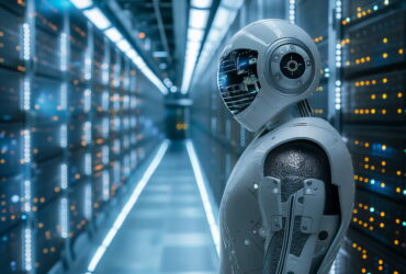 Humanoid robot in a blue-lit server room, surrounded by racks of servers and glowing indicator lights.