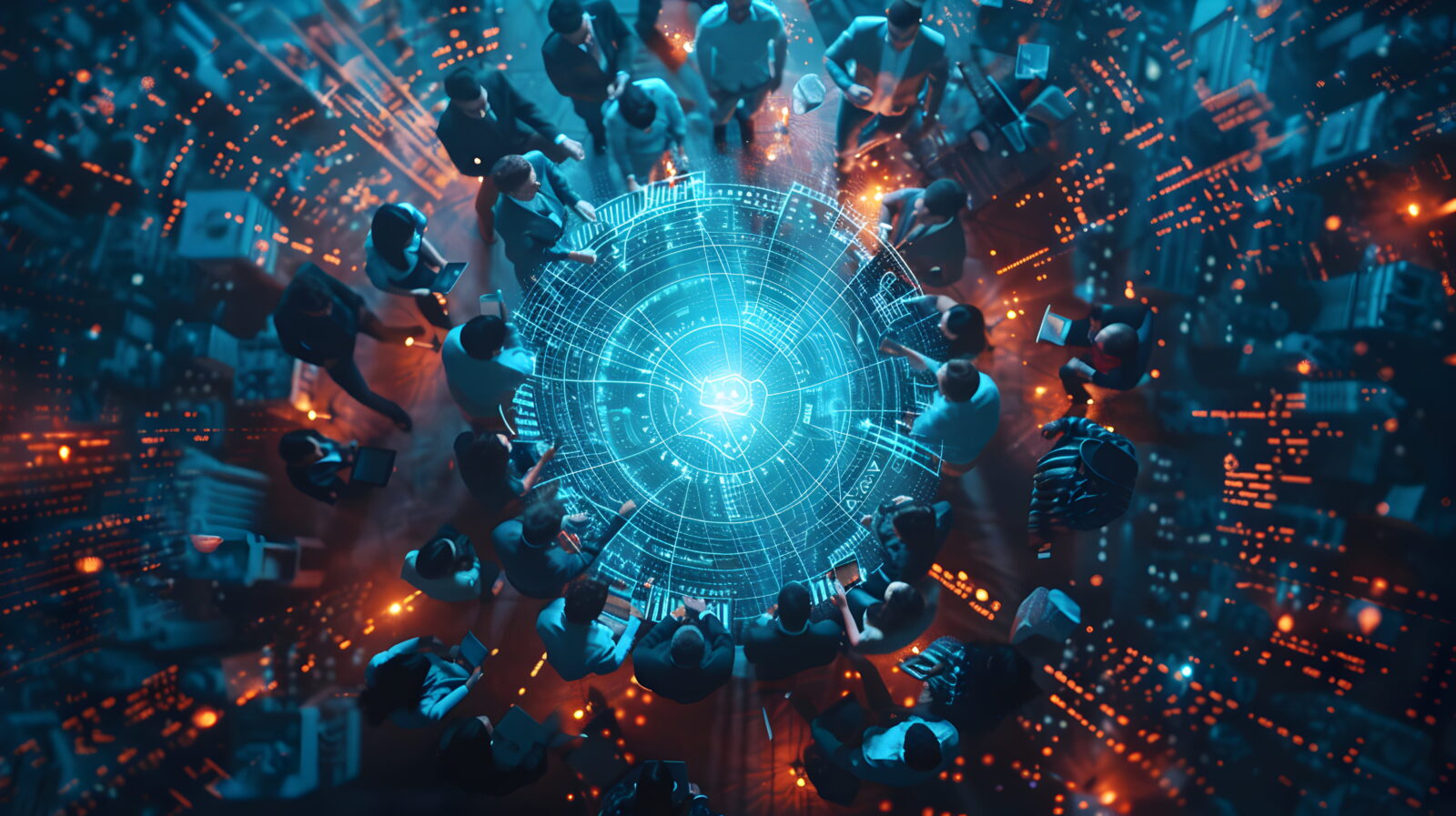 Top-down view of professionals encircling a glowing blue circular holographic interface.