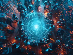 Top-down view of professionals encircling a glowing blue circular holographic interface.