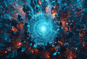 Top-down view of professionals encircling a glowing blue circular holographic interface.