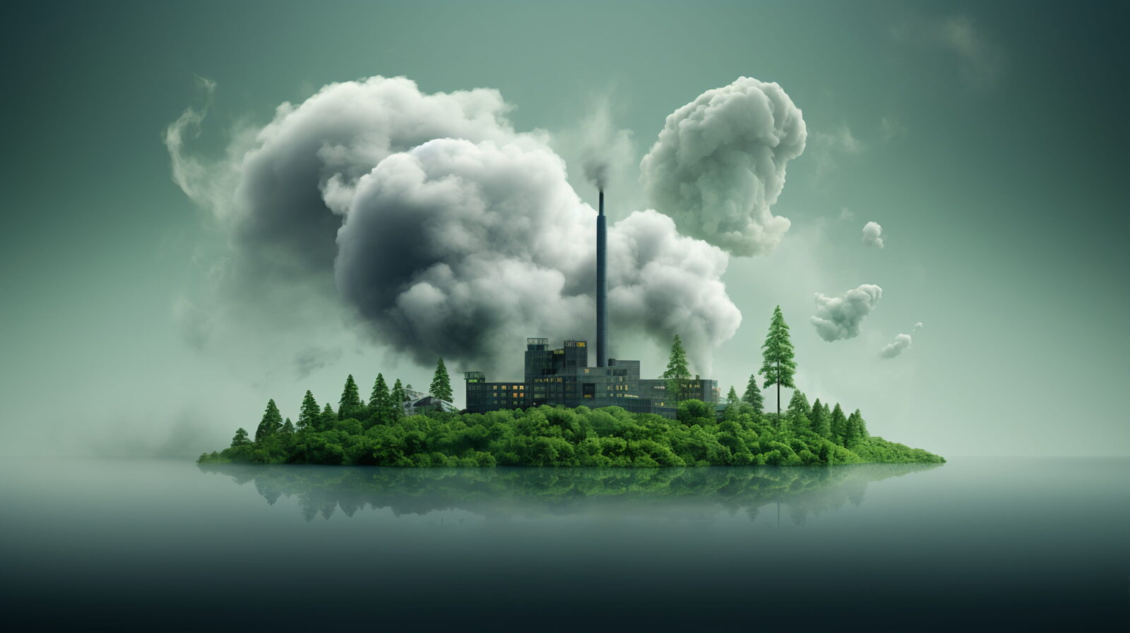 Industrial facility on an island emitting a tall plume of smoke, surrounded by trees and calm water