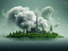 Industrial facility on an island emitting a tall plume of smoke, surrounded by trees and calm water