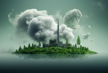 Industrial facility on an island emitting a tall plume of smoke, surrounded by trees and calm water