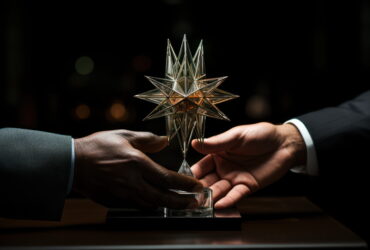 Transparent glass star trophy being handed between two people in suits against a dark background.