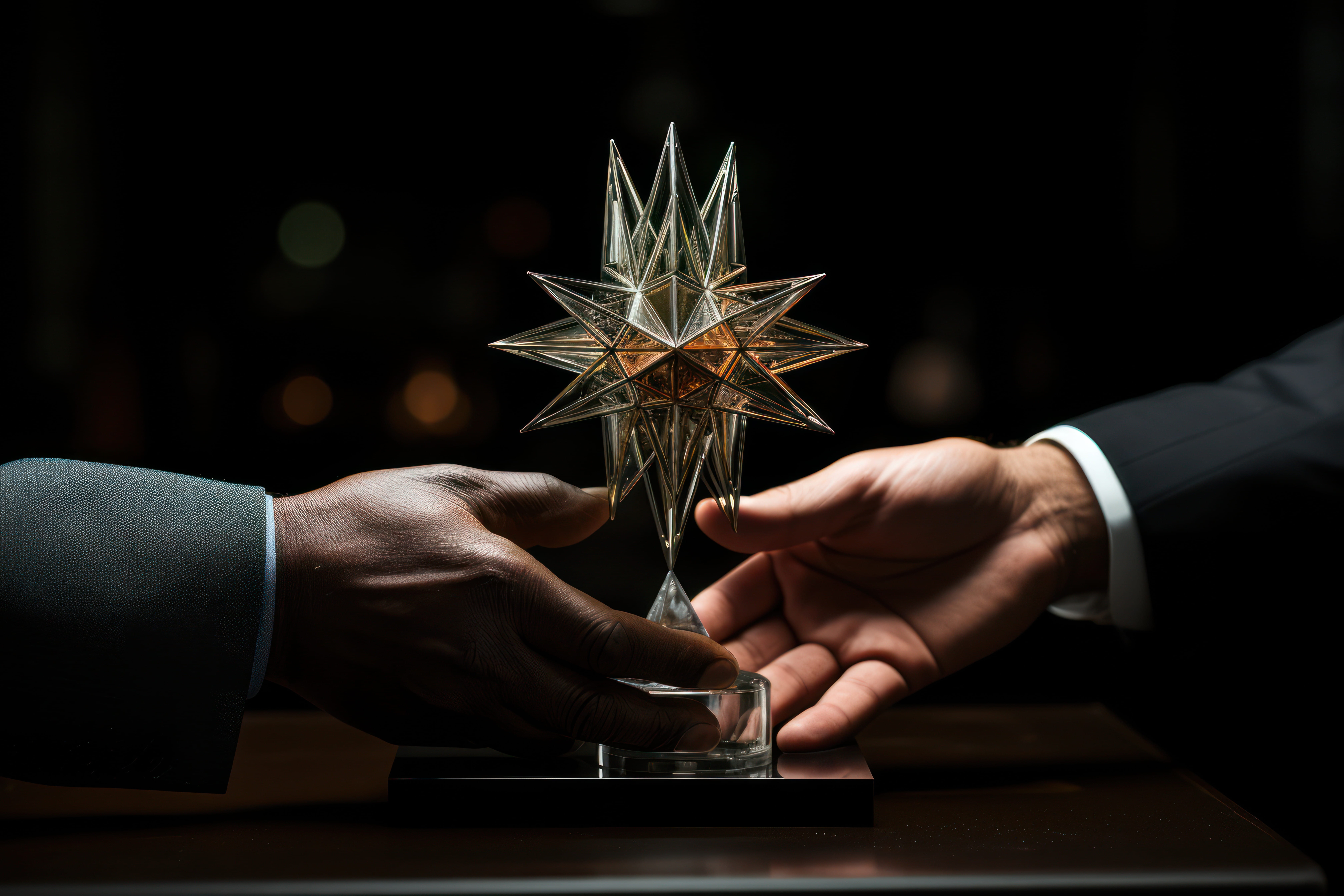 Transparent glass star trophy being handed between two people in suits against a dark background.