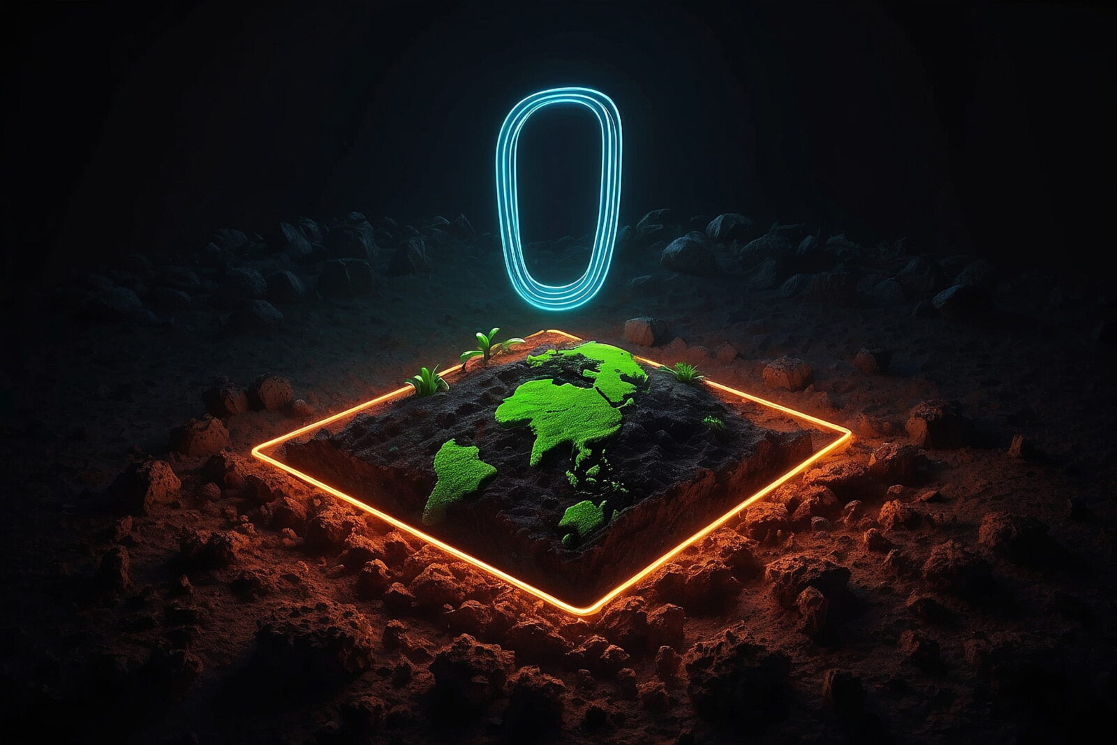 Glowing orange-bordered square shows a bright green world map on rocky ground with tiny plants, in a dark cave-like setting.