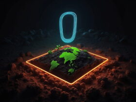 Glowing orange-bordered square shows a bright green world map on rocky ground with tiny plants, in a dark cave-like setting.
