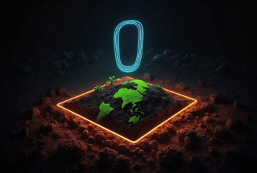 Glowing orange-bordered square shows a bright green world map on rocky ground with tiny plants, in a dark cave-like setting.