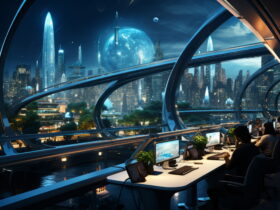 Futuristic city skyline at night viewed through curved glass walls of a high-tech observatory; people work at desks in the foreground.
