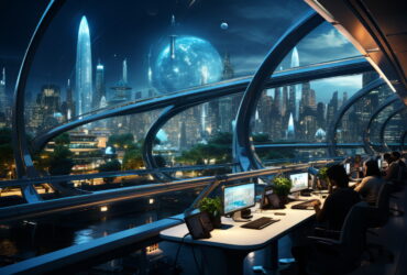 Futuristic city skyline at night viewed through curved glass walls of a high-tech observatory; people work at desks in the foreground.