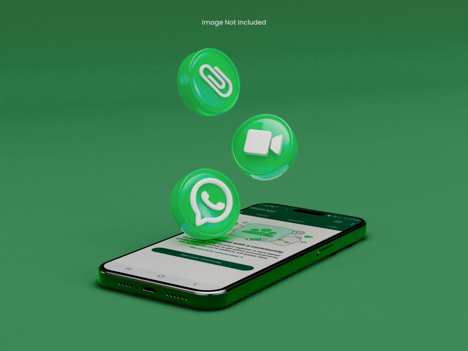 Smartphone angled on a green surface with large floating green circular icons for messaging apps above a chat screen.