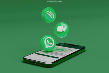Smartphone angled on a green surface with large floating green circular icons for messaging apps above a chat screen.