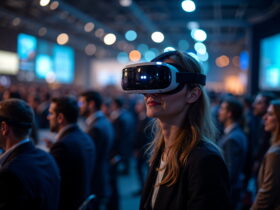 Woman wearing a white VR headset in a crowded conference hall with blue bokeh lights in the background.
