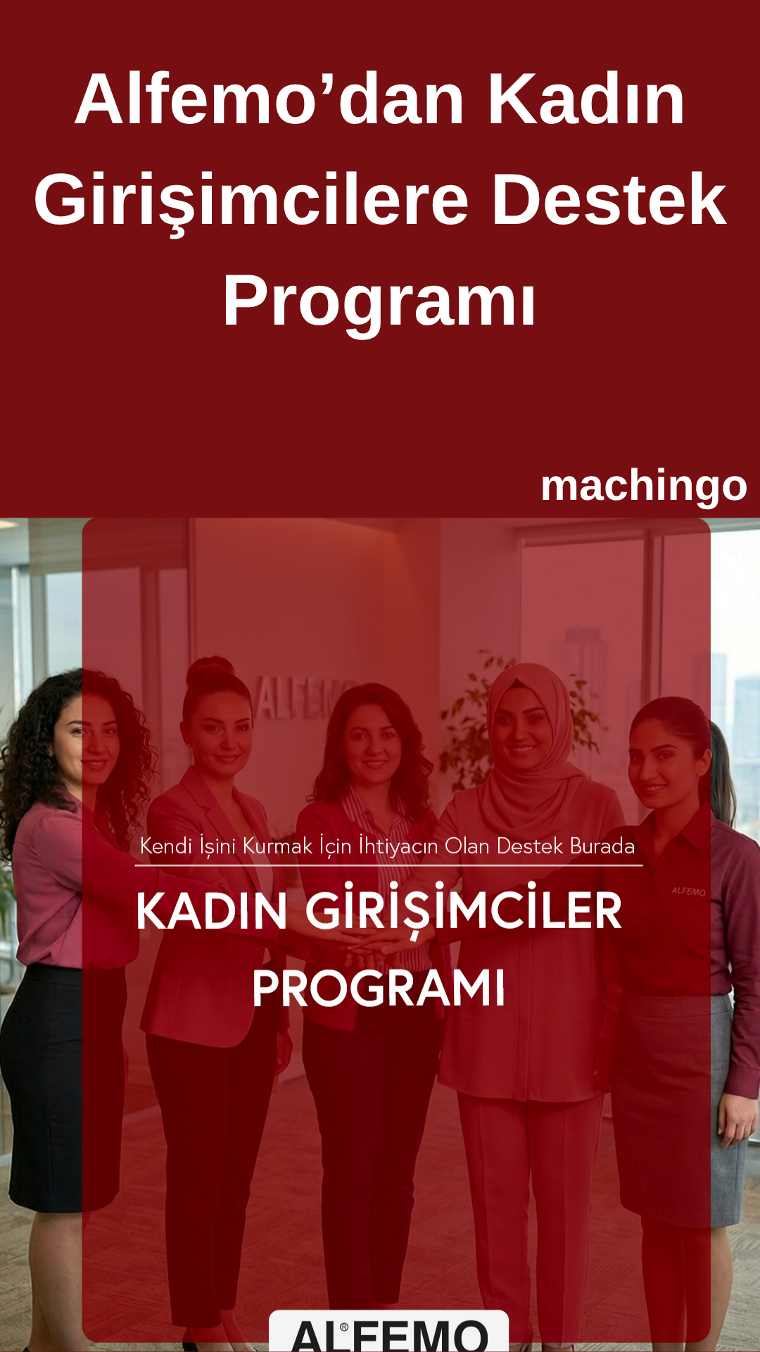 Poster announcing Alfemo's support program for women entrepreneurs; features group of professional women and Alfemo branding in red overlay.