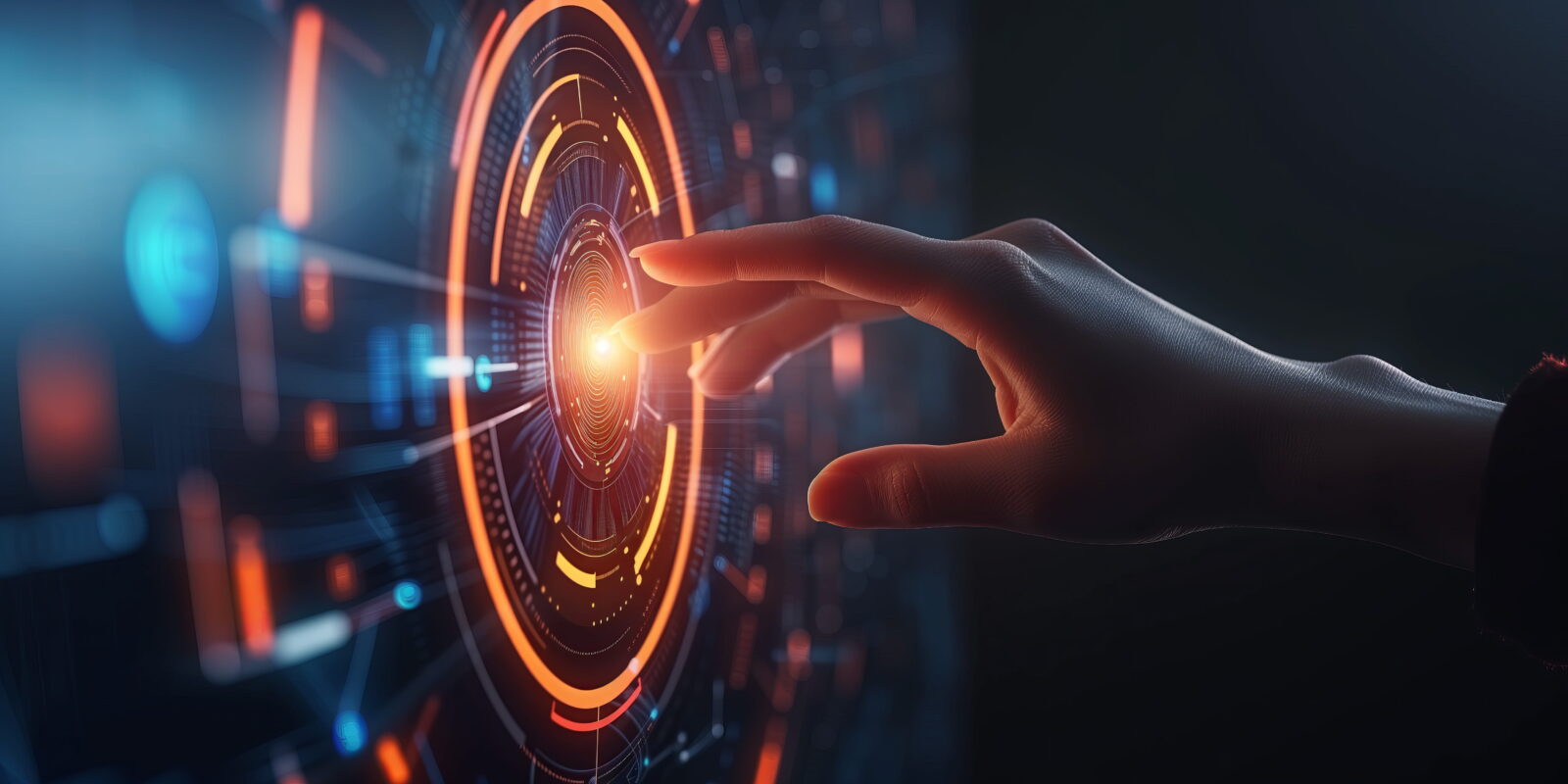 Hand in foreground reaching toward a bright orange circular holographic interface in a dark high-tech setting