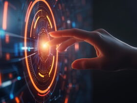 Hand in foreground reaching toward a bright orange circular holographic interface in a dark high-tech setting