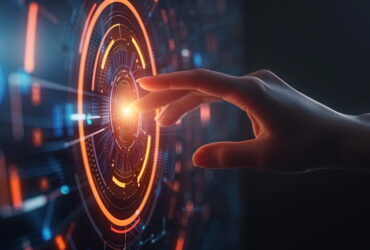 Hand in foreground reaching toward a bright orange circular holographic interface in a dark high-tech setting