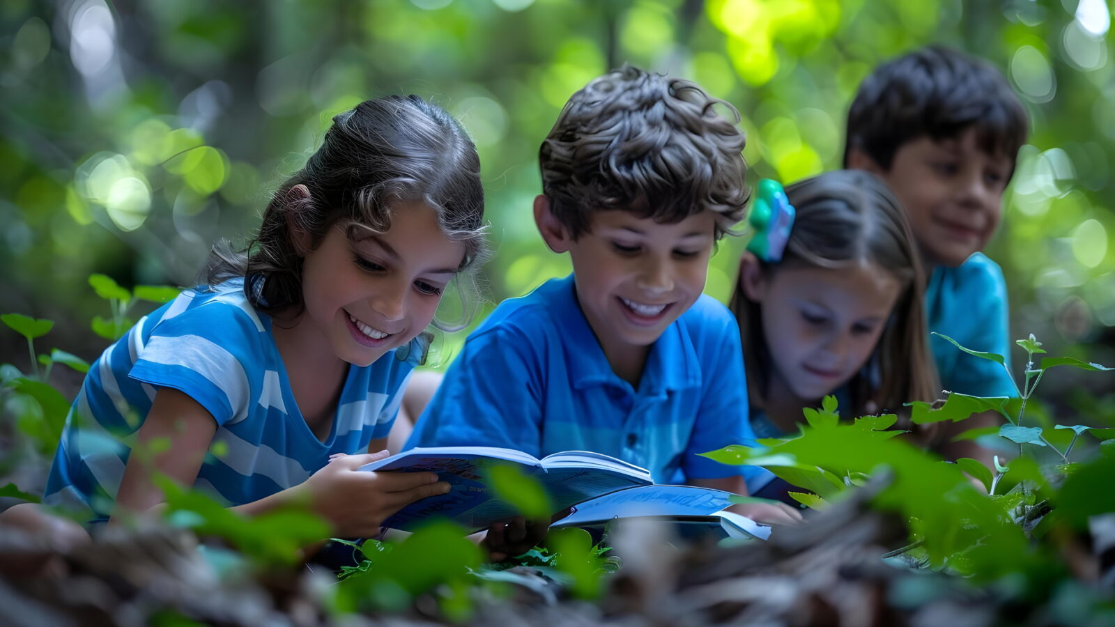 Four kids reading a book together in a leafy forest setting.