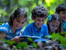 Four kids reading a book together in a leafy forest setting.