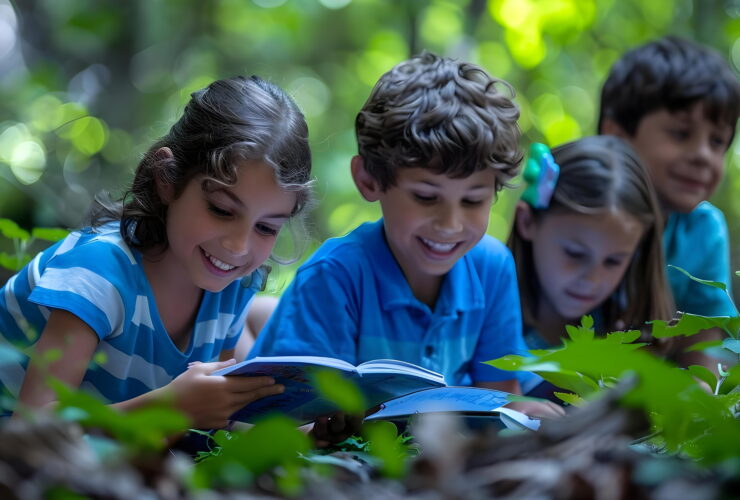 Four kids reading a book together in a leafy forest setting.