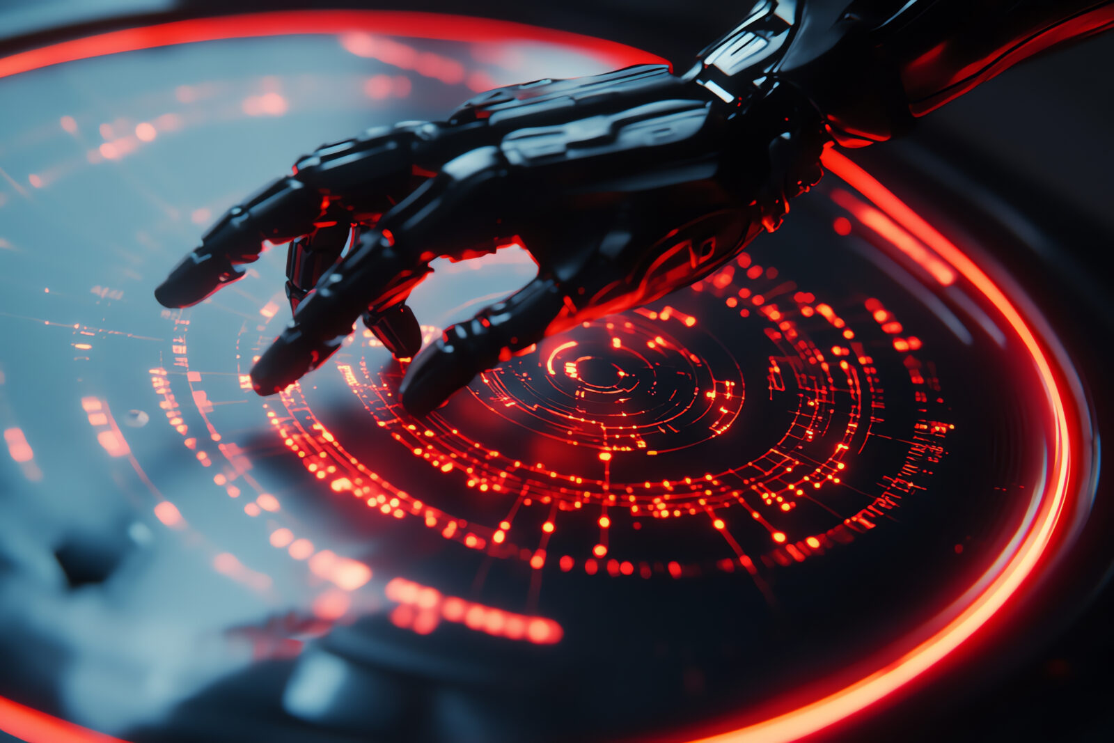 Robotic hand reaching over a glowing red circular holographic interface with digital data rings.