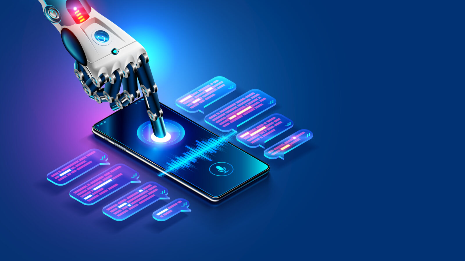 Robotic hand tapping a glowing touchscreen smartphone with holographic data panels.