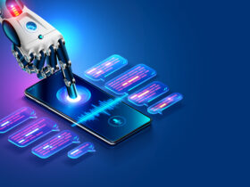 Robotic hand tapping a glowing touchscreen smartphone with holographic data panels.