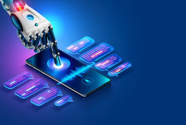 Robotic hand tapping a glowing touchscreen smartphone with holographic data panels.
