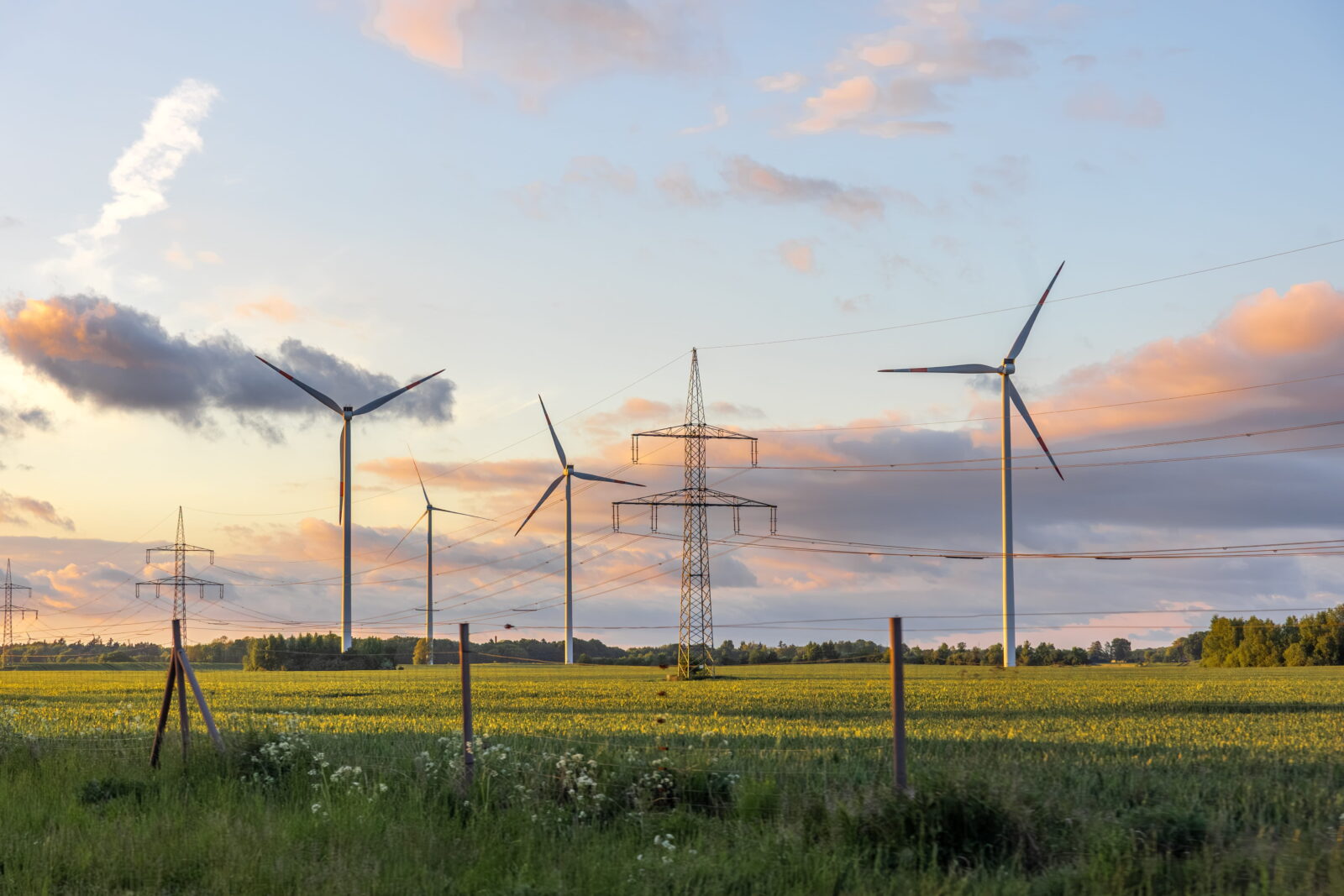 Wind turbines standing in a grassy field at sunset with power lines and pylons in the distance.
