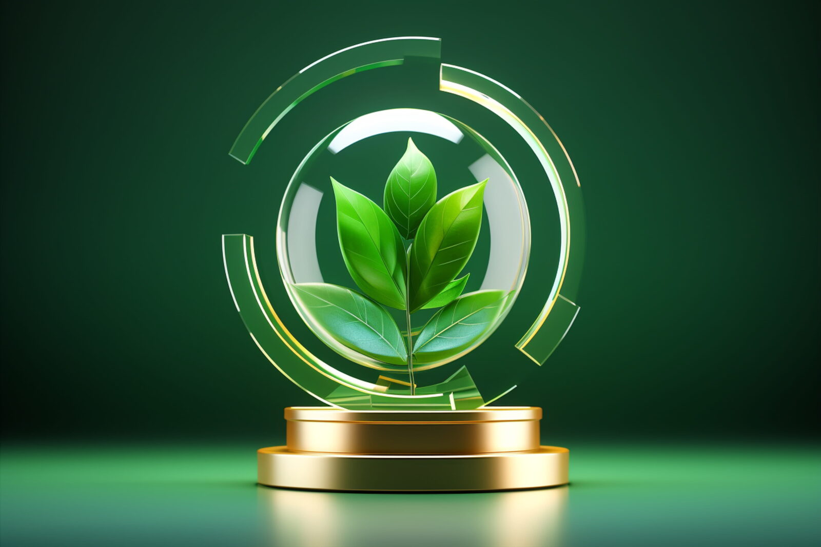 Eco-friendly award: gold trophy pedestal with a leafy green center and surrounding circular rings on a green background