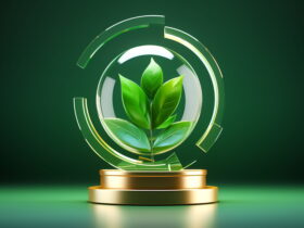 Eco-friendly award: gold trophy pedestal with a leafy green center and surrounding circular rings on a green background