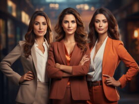 Three professional women stand together in a blurred office hallway, dressed in beige, rust, and orange suits with confident expressions.