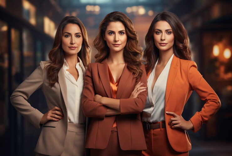 Three professional women stand together in a blurred office hallway, dressed in beige, rust, and orange suits with confident expressions.