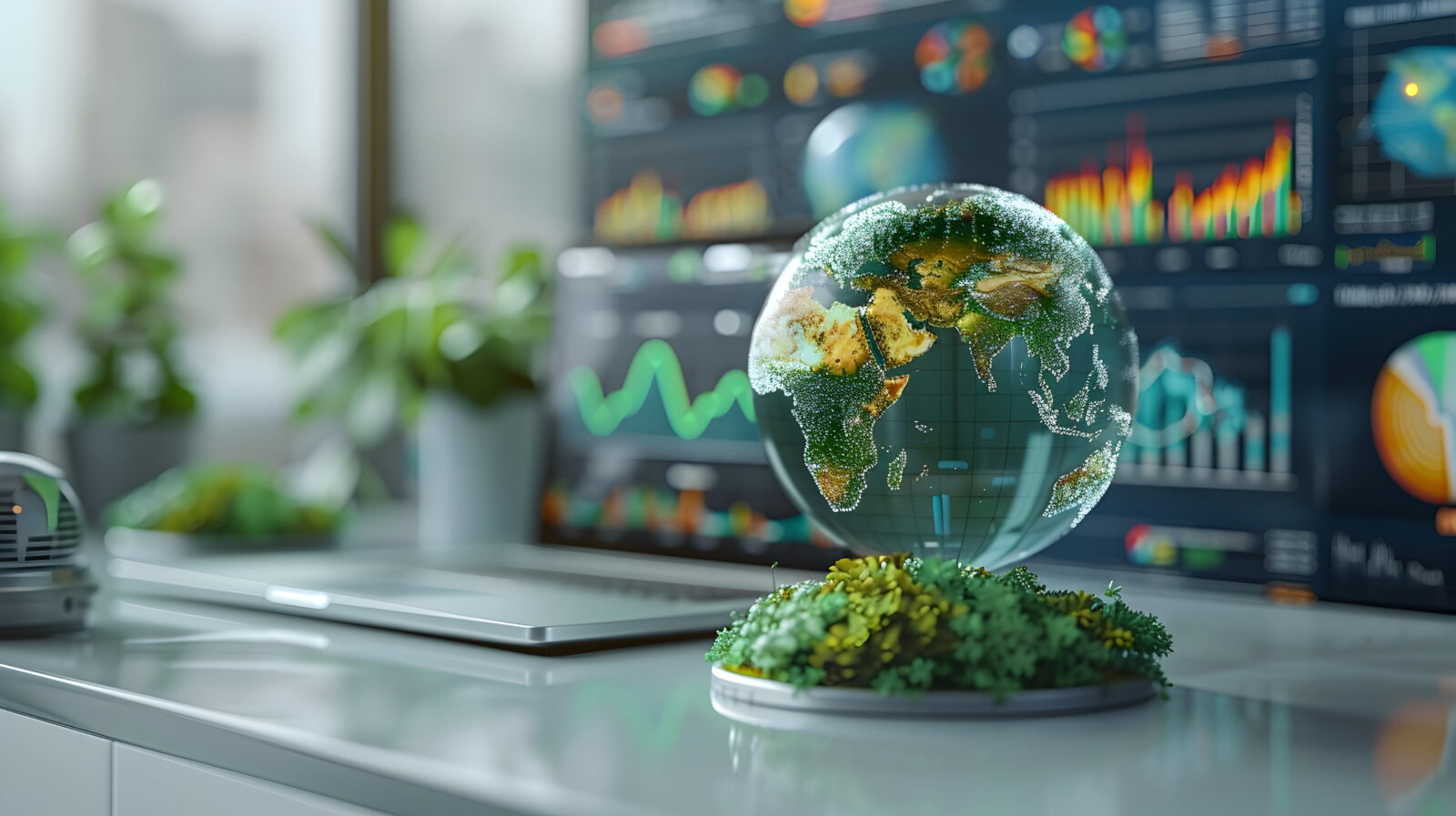 Globe showing Earth with green continents on a desk, with colorful data charts on screens in the background.