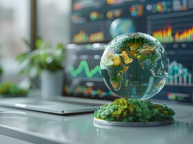 Globe showing Earth with green continents on a desk, with colorful data charts on screens in the background.