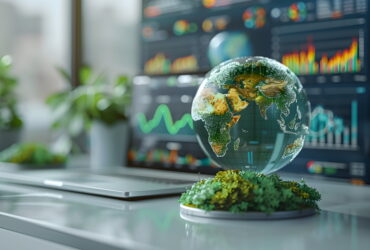 Globe showing Earth with green continents on a desk, with colorful data charts on screens in the background.