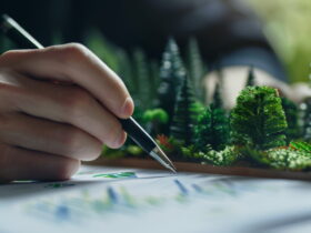 Close-up of a hand drawing on paper beside a miniature forest diorama on a desk.