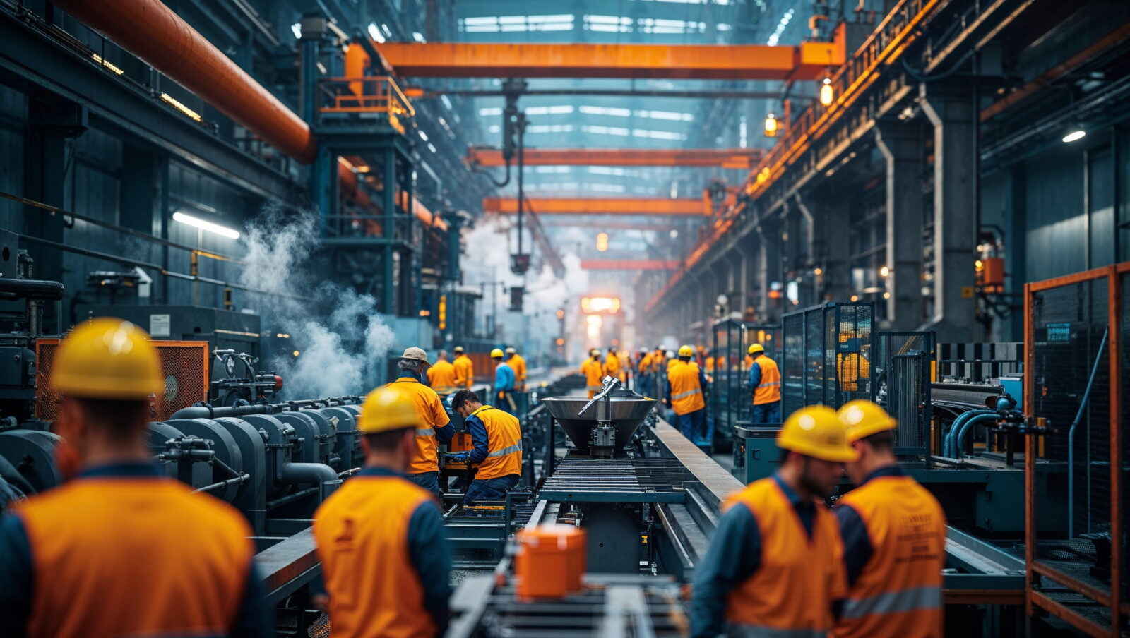 Factory floor with workers in orange safety vests and hard hats operating large machinery under orange overhead cranes amid blue-toned industrial structure